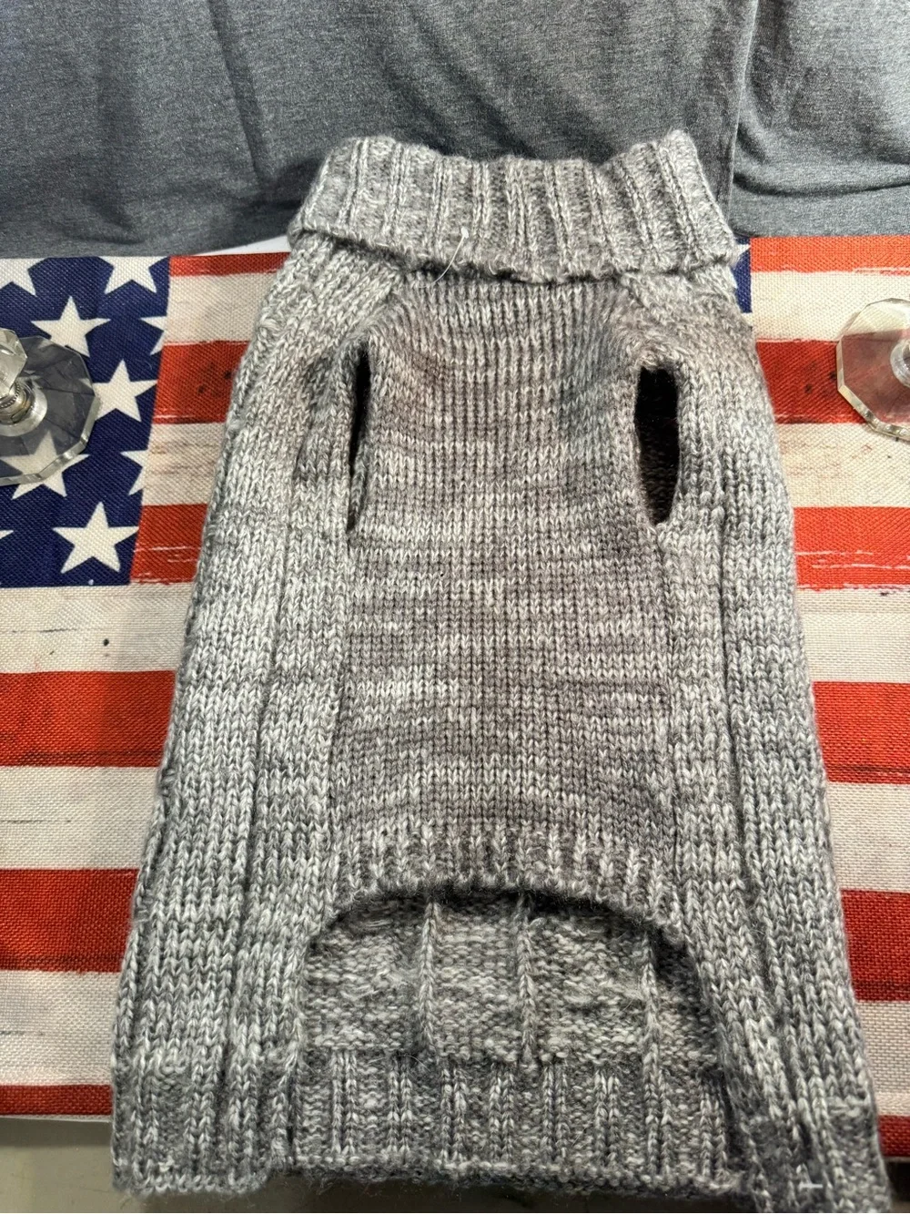 Gray Cable Knit Dog Sweater with Pink and Cream Flower Accents